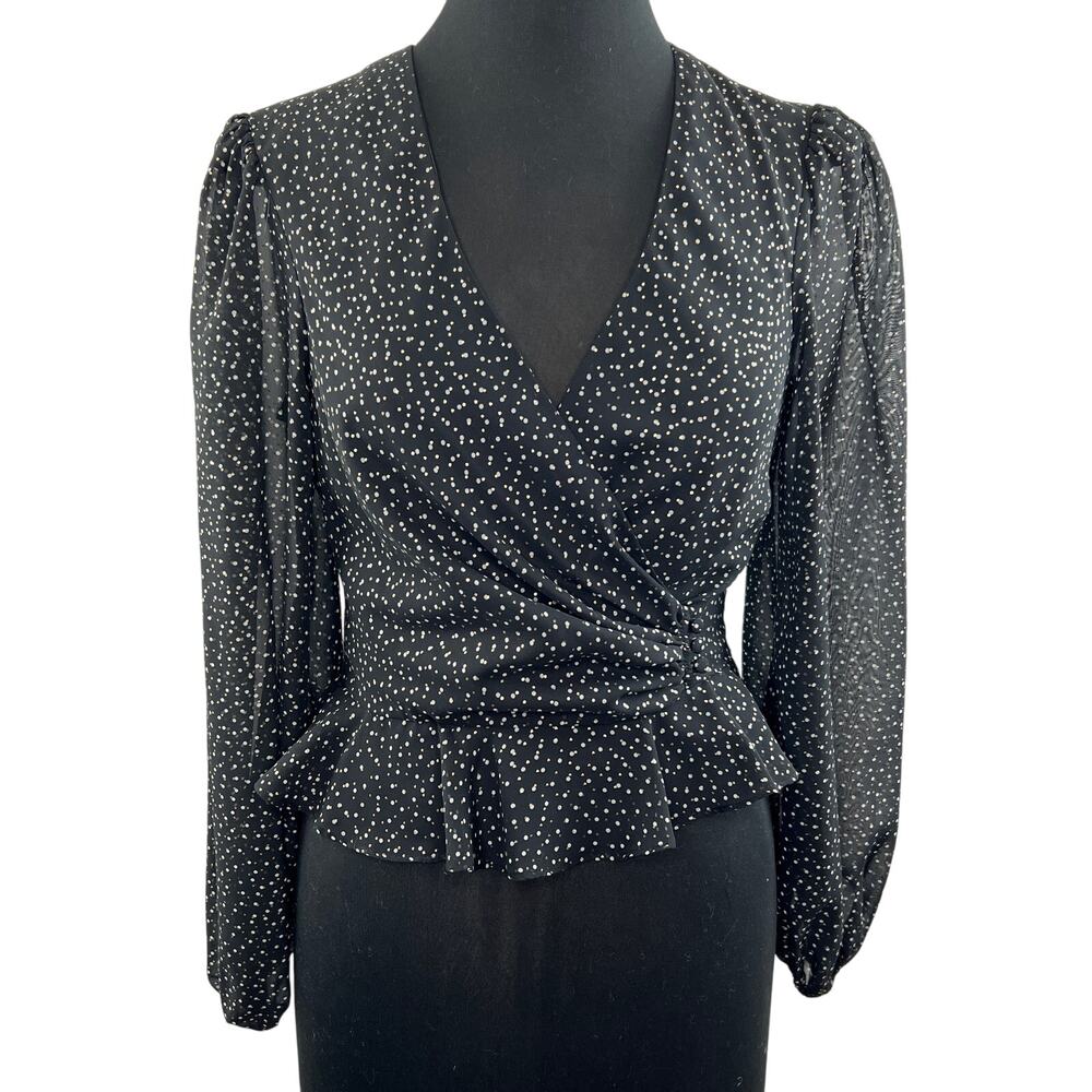 JILL JILL STUART Black White Polka Dot Chiffon Faux Wrap Ruffle Hem Blouse 4